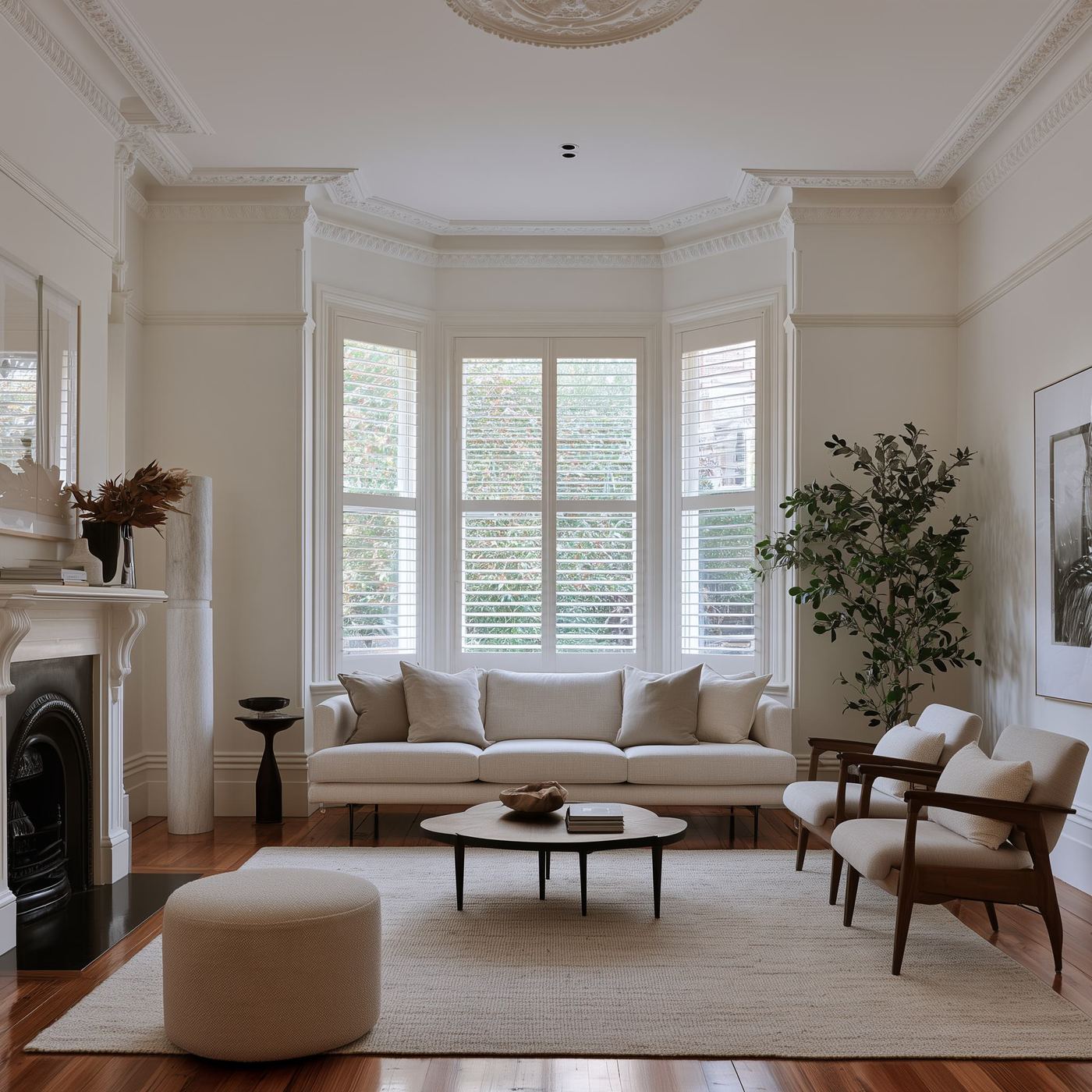 Elegantly styled lounge with bay window